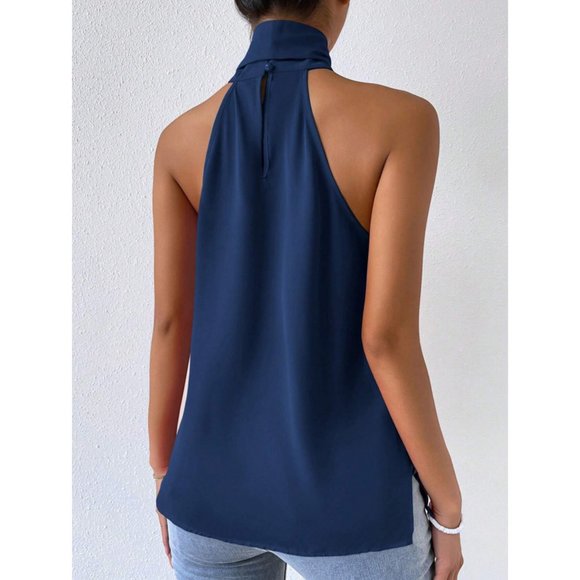 Chic Tie Neck Halter Top Navy Blue - Picture 6 of 6